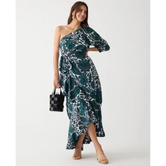 J. CREW Collection One Shoulder Ruffle Trim White Green Blue Floral Print Maxi - Picture 1 of 10